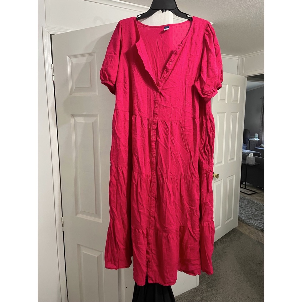 Old Navy Hot Pink Short Sleeve Maxi Button Up Dress